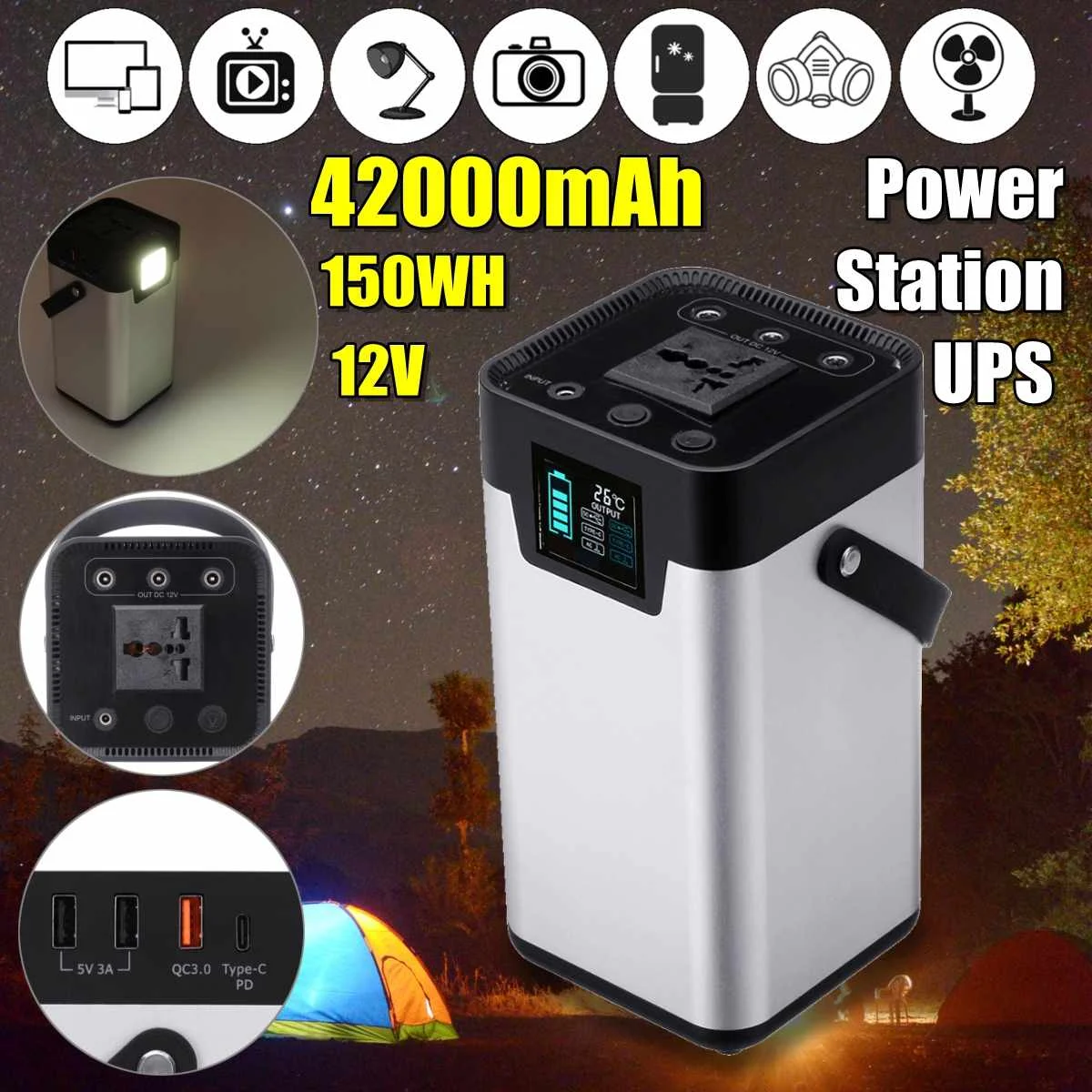 

UPS 220V 150W/150WH 42000mAh Power Supply Pure Sine Wave Inverter Power Adapter For Home Office Outdoor Use Spare Charger Silver