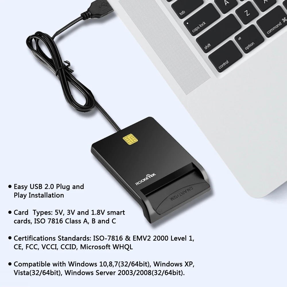 Rocketek DOD Military CAC смарт-карта USB ридер с адаптером sim-карты Совместимость с Windows 10/8/7/XP/Vista сервер 2003/2008