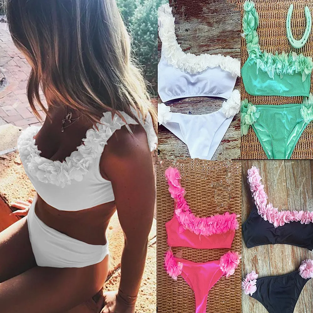 

Sexy One Shoulder Padded Bikini Set Swimwear Women Summer White Green Black Rose Petal String Bikini Swimsuit Beach Swim Wear