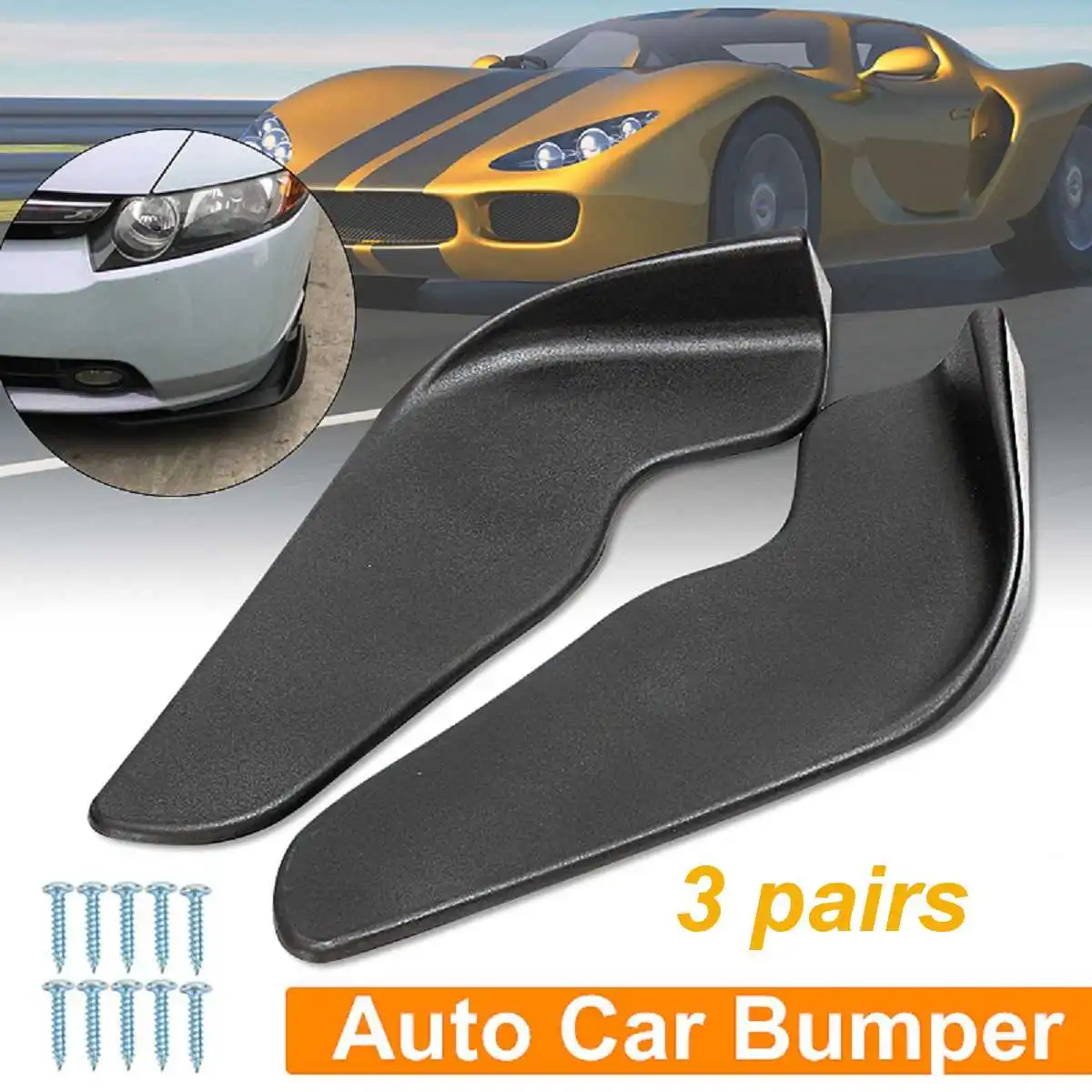 

3 Pairs Black ABS Fit Front Bumper Lip Splitter Fin Air Knife Auto Body Kit Car Spoiler Accessory