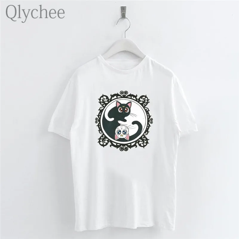 Qlychee Harajuku аниме Сейлор Мун кошка печать Женская белая футболка вырез лодочкой