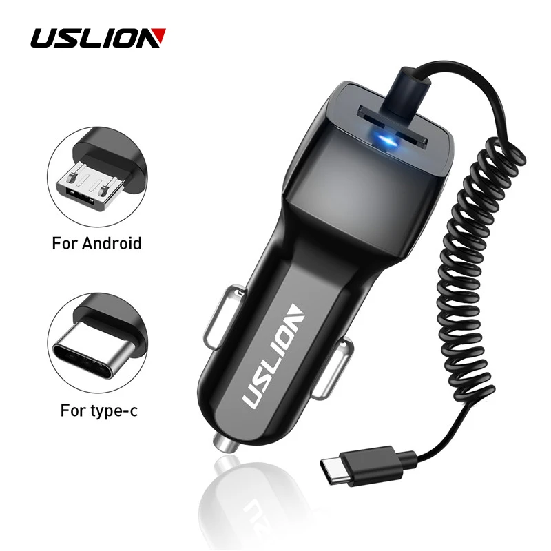 USLION USB Автомобильное зарядное устройство с usb-кабелем, двойной Micro USB type C зарядное устройство для samsung S9 S8 Plus, быстрая зарядка для планшета Xiaomi