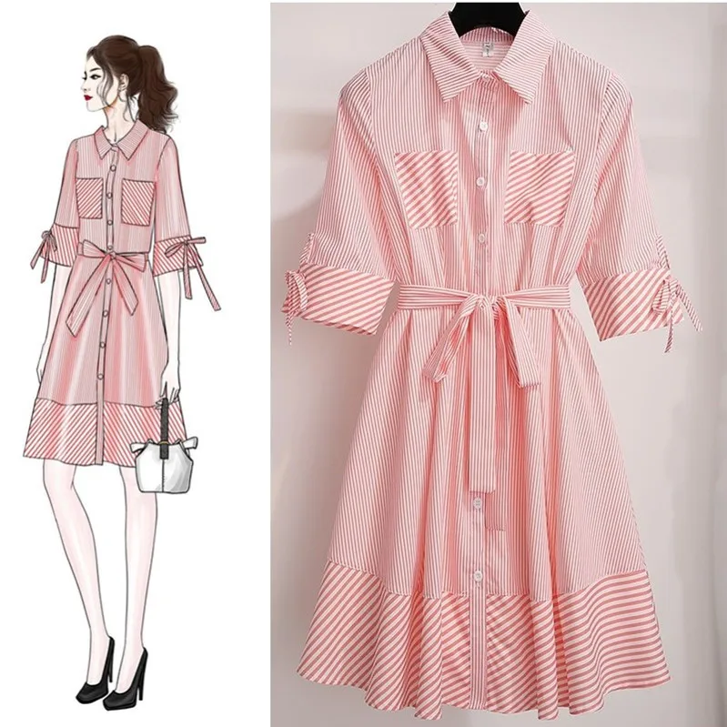 

2019 blue pink striped shirt dress S-2XL women casual beach dress vintage short A-line party dresses half sleeve summer dress