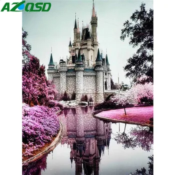 

AZQSD 5D Diamond Painting Scenery Castle Rhinestones Pictures Needlework Handmade Diamond Embroidery Lake Landscape Home Decor
