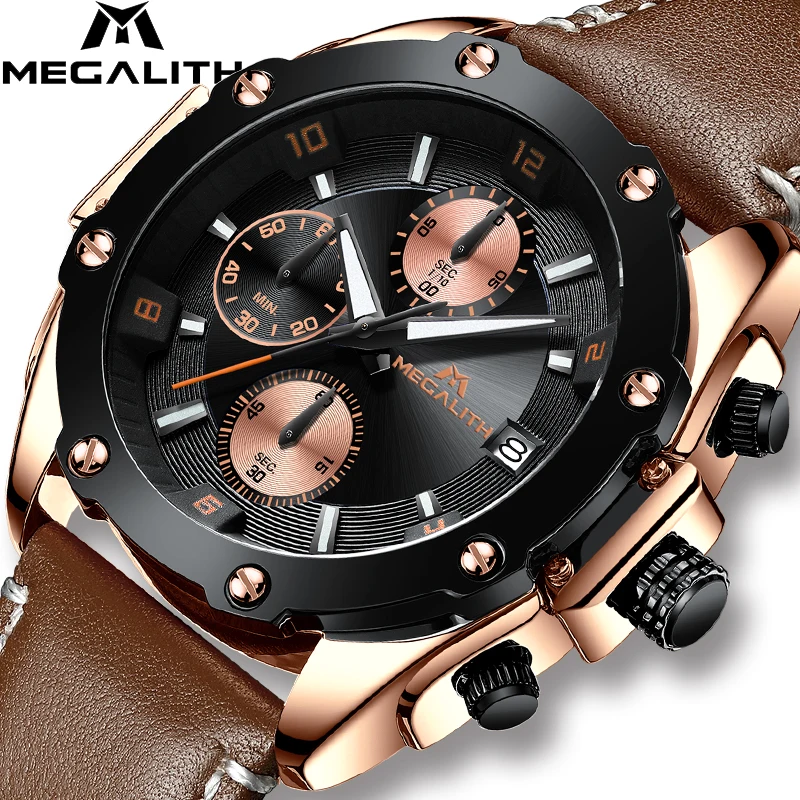 MEGALITH модные роскошные часы водостойкие аналоговые спортивные кварцевые часы с хронографом Дата коричневый кожаный ремешок наручные часы