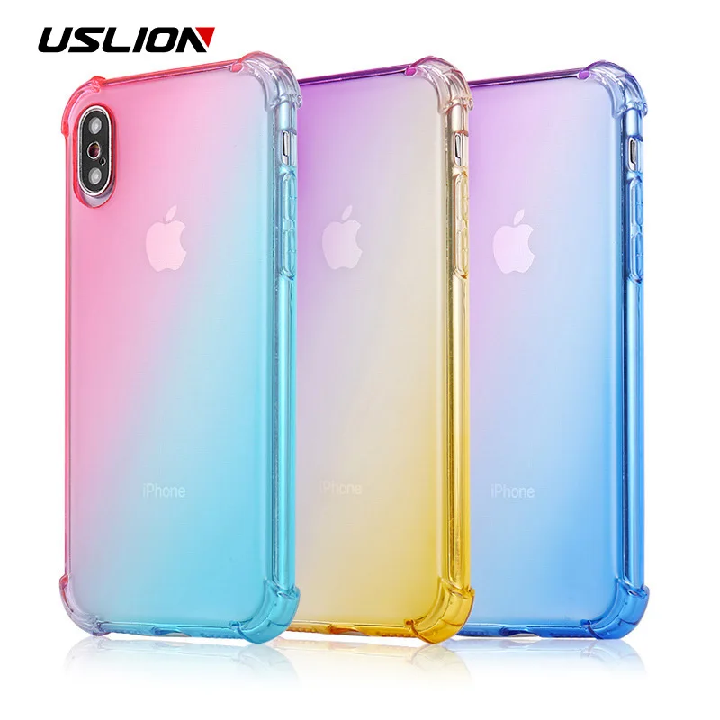 

USLION Airbag Clear For iPhone 7 Rainbow Gradient Soft Phone Case For iPhone XS XR Xs Max X 8 7 6 6S Plus Shockproof TPU Cover