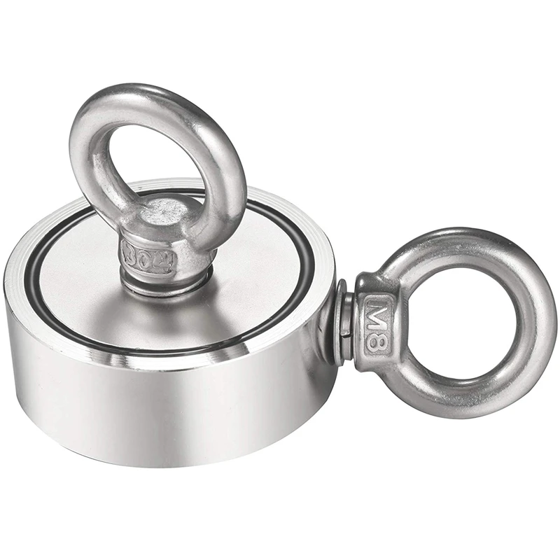 

Neodymium Fishing Magnets (Double-Sided Magnetic) Round Neodymium Magnet With Eyebolt, Combined 600 Lbs Pulling Force, 2.36inc
