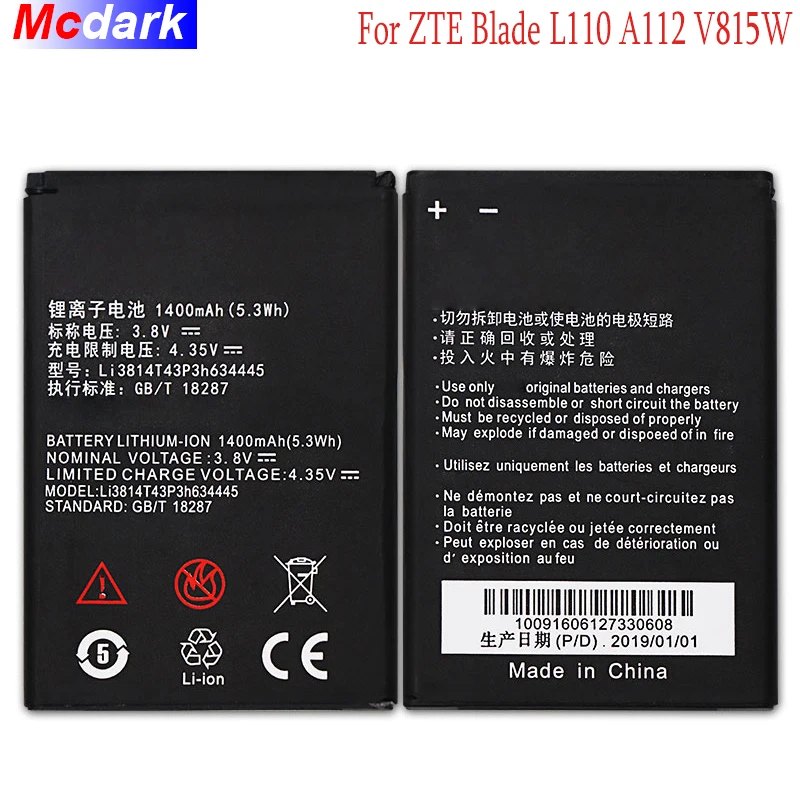 Mcdark 1400 мАч Li3814T43P3h634445 батарея для ZTE Blade L110 A112 V815W аккумуляторная AKKU ACCU PIL мобильный
