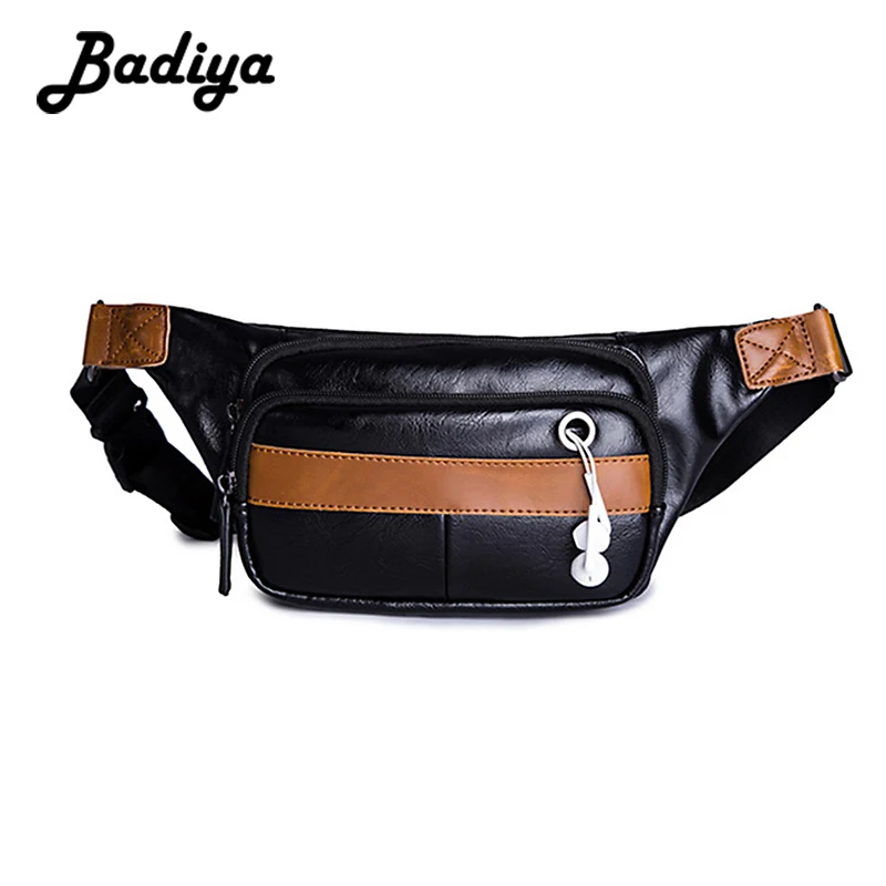 

Fashion Men Belt Bag Patchwork Fanny Packs PU Leather Sling Bag 3 Layers Pocket with Earphone Hole Waist Bag Chest Bags For Man