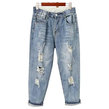 

5Xl 2019 Fashion Plus Size Jeans Blue Ripped Hole Washed Denim Pants Mid Summer Loose Casual Harem Jeans