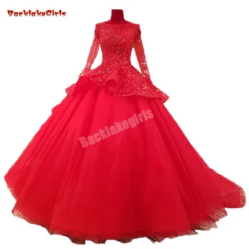 

Backlakegirls Sheer Full Sleeve Sparkling Tiny Crystal Sequnin Evening Dress Ruched Red Lace Evening Gown Abiye Gece Elbisesi