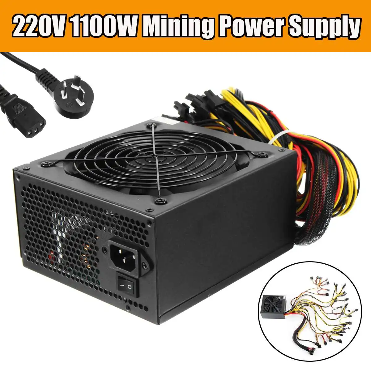 220V 1100W Desktop Mining Miner Power Supply For 6GPU Ethereum Mining With 6 port SATA 24Pin Mainboard 4+4pin CPU 6+2pin GPU