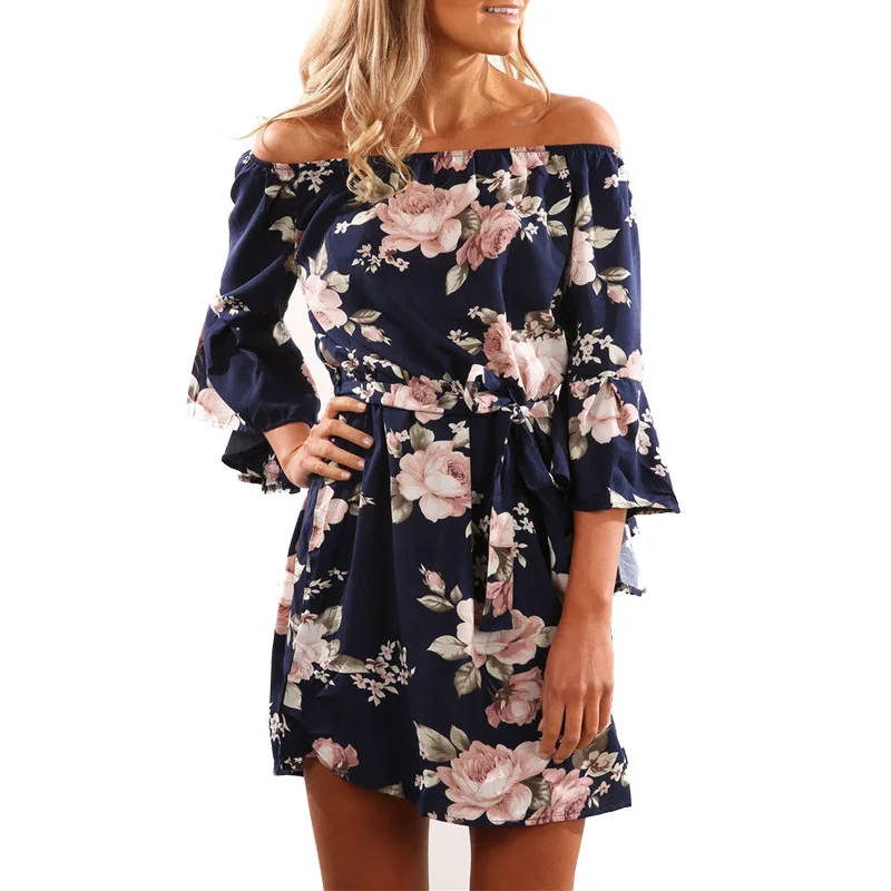

2019 Women Summer Dress Sexy Off Shoulder Floral Print Boho Style Chiffon Beach Dresses Short Party Dresses With Belt Vestidos