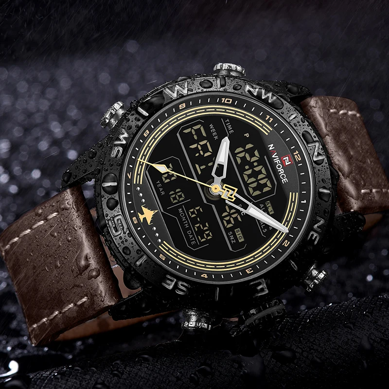 NAVIFORCE 9144 модные золотые мужские спортивные часы светодиодные аналоговые