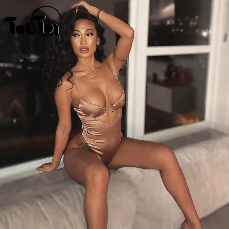 

2019 Sexy Bodysuit Women Chain Bodycon V Neck Bodysuit Ladies Club Jumpsuit Overalls Bodycon Satin Rompers