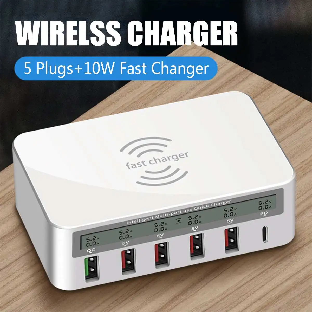10W Qi 3.0 USB Multi Wireless Charger +5 Ports LCD Digital Screen Fast Charging Pad Mobile Phone Power Bank Dock Station | Электроника