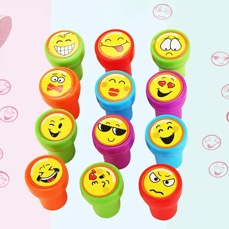 12PCS Children Toy Stamps Cartoon Smiling Face Emoji Kids Seal For Scrapbooking Stamper DIY Painting Photo Album Decor