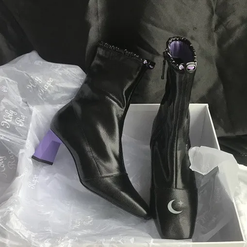 

2018 Winter Leather Shoes Woman High Strange Style Heels Square Toes Mid-Calf Woman Boots Mixed Color Street Style Woman Shoes