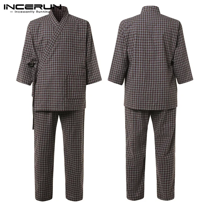 INCERUN Plaid Men Pajamas Sets Japanese Kimono Suit Vintage Short