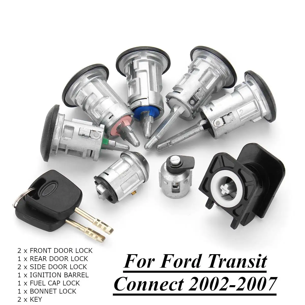 

8pcs Ignition Switch Front + Rear Door Lock Bonnet Set with 2 Keys for Ford Transit Connect 2002-2007 4425134
