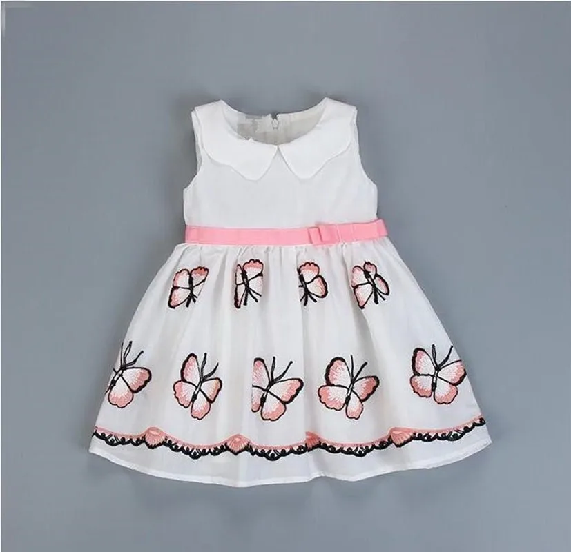 Летнее платье для девочек; белое модное платье с вышивкой в виде бабочек для малышей; Детские платья для дня рождения; Одежда для девочек; хлопковый Детский костюм
