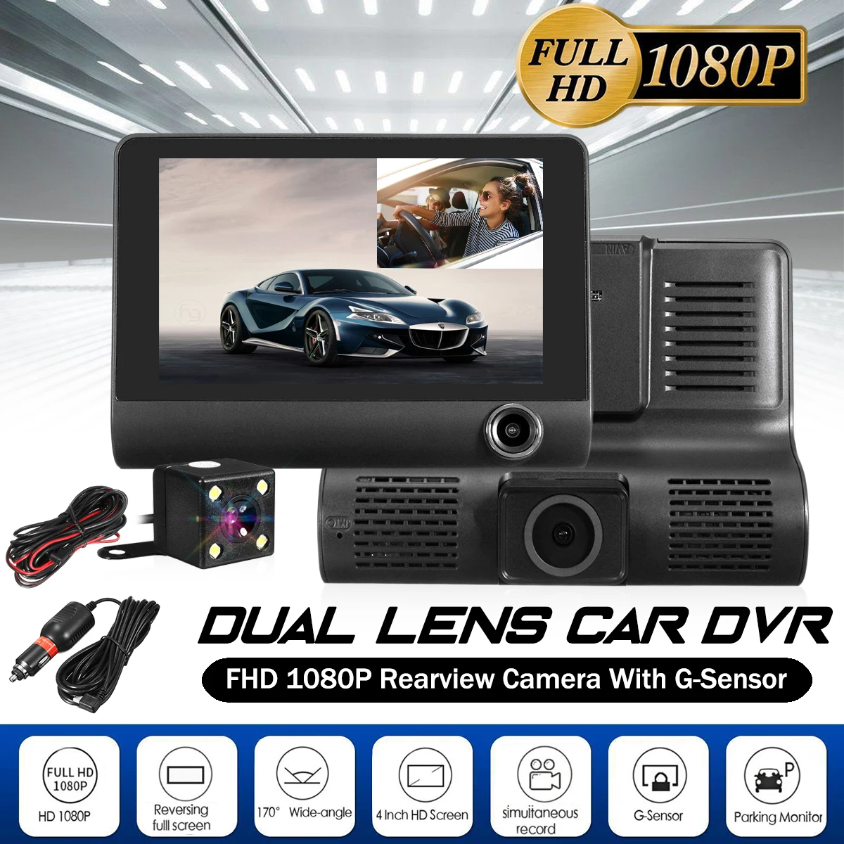 

KROAK 4'' Dual Lens 170 Degree 1080P Full HD Car DVR Camera G-sensor Dash Cam Video Recorder DVR Rearview Camera