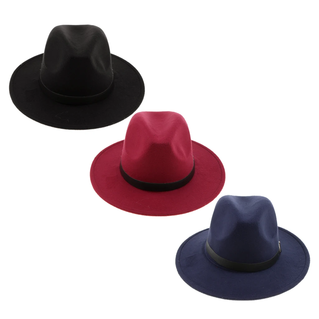 

Vintage Wool Felt Fedora Hat Short Brim Adjustable Strap for Women Black/Navy Blue/Burgundy
