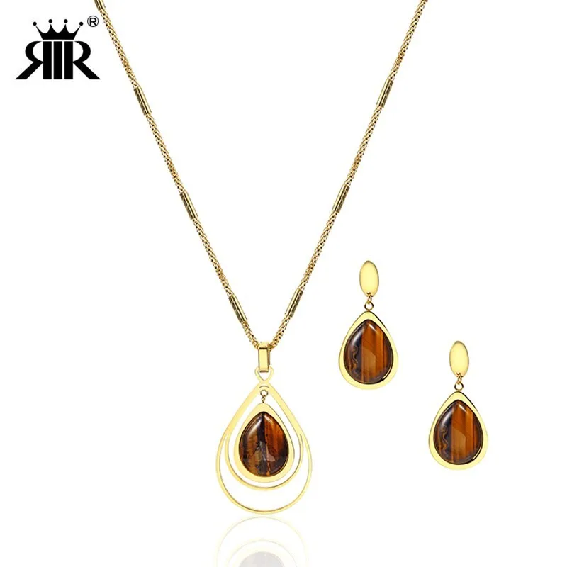 

RIR Gold Tiger's Eye Oval Jewelry Set Natural Stone Bohemian Water Drop Necklace and Dangle Earrings Brown Stone