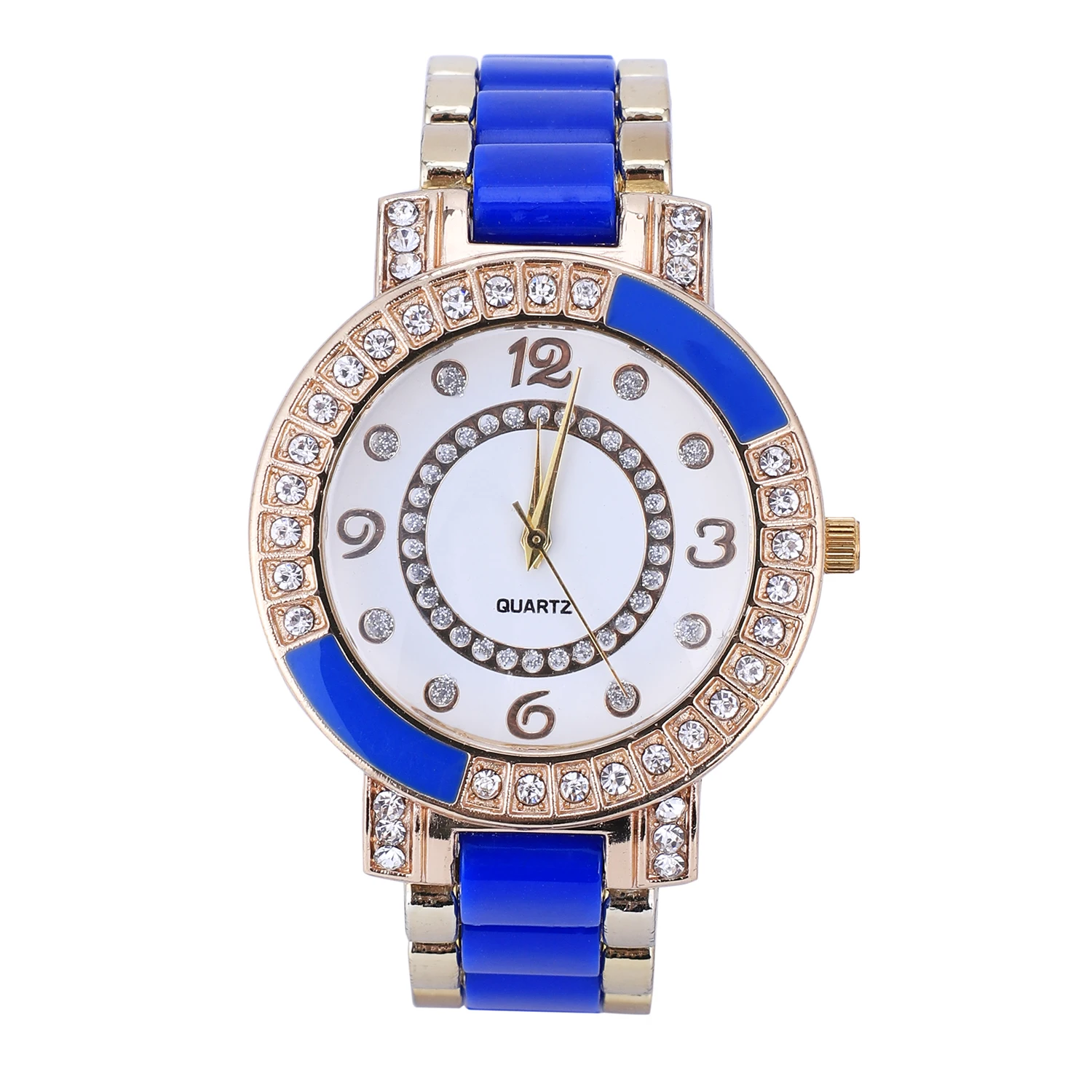 

Women Gold Color Plastic Rhinestone Digital Quartz Wrist Watch Blue