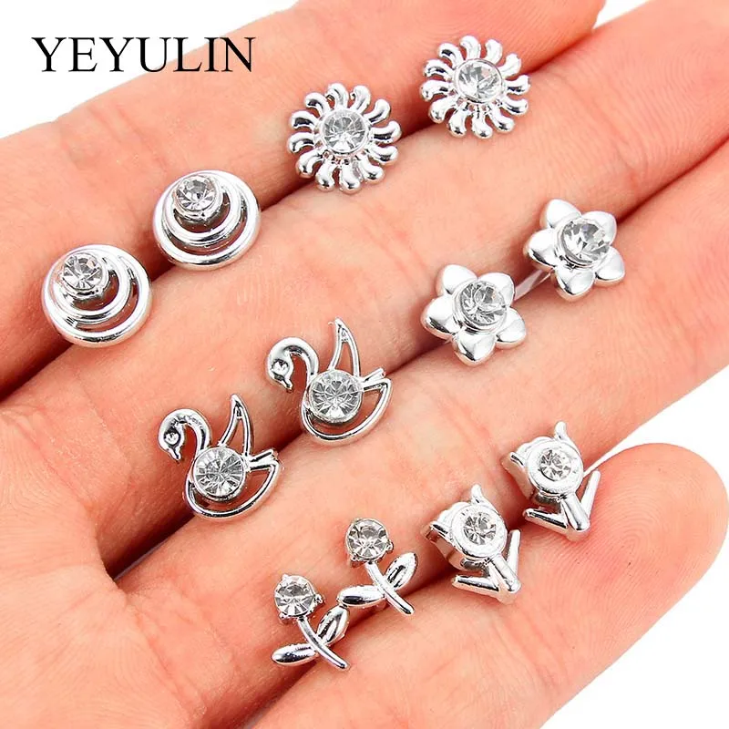 

36 pairs Silver Mixed Love Heart Rose Flower Stud Earrings for Women Girls Swan Dog Bear Cute Animal Ears Jewelry Gift Wholesale