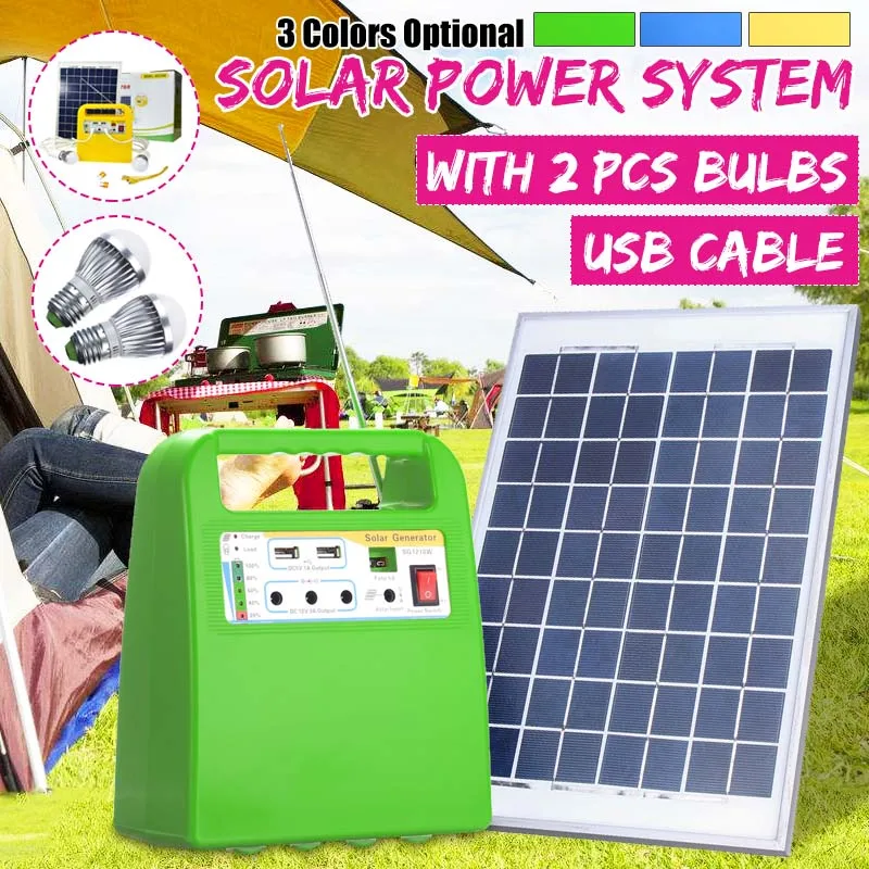 

Solar Storage Generator+2 Bulbs+Radio 12V 10W Solar Panel LED Lighting USB Charger Solar Power Home/Outdoor System Kit