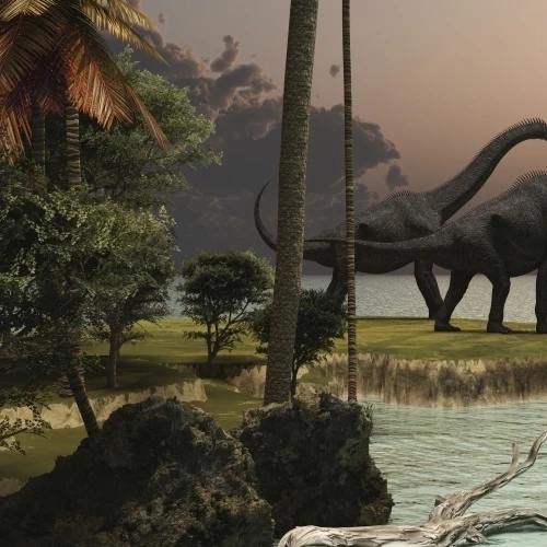 Two Brachiosaurus dinosaurs enjoy a beautiful sunset Poster Print (20 x 10) | Дом и сад
