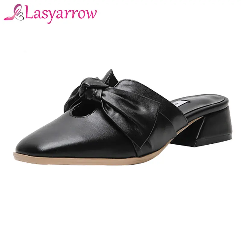 

Lasyarrow Hoof Heels Summer Sandalias Mujer Fashion Slip On Square Toe Elegant Bow Knot OL Office Shoes Woman Plus Size 32-43