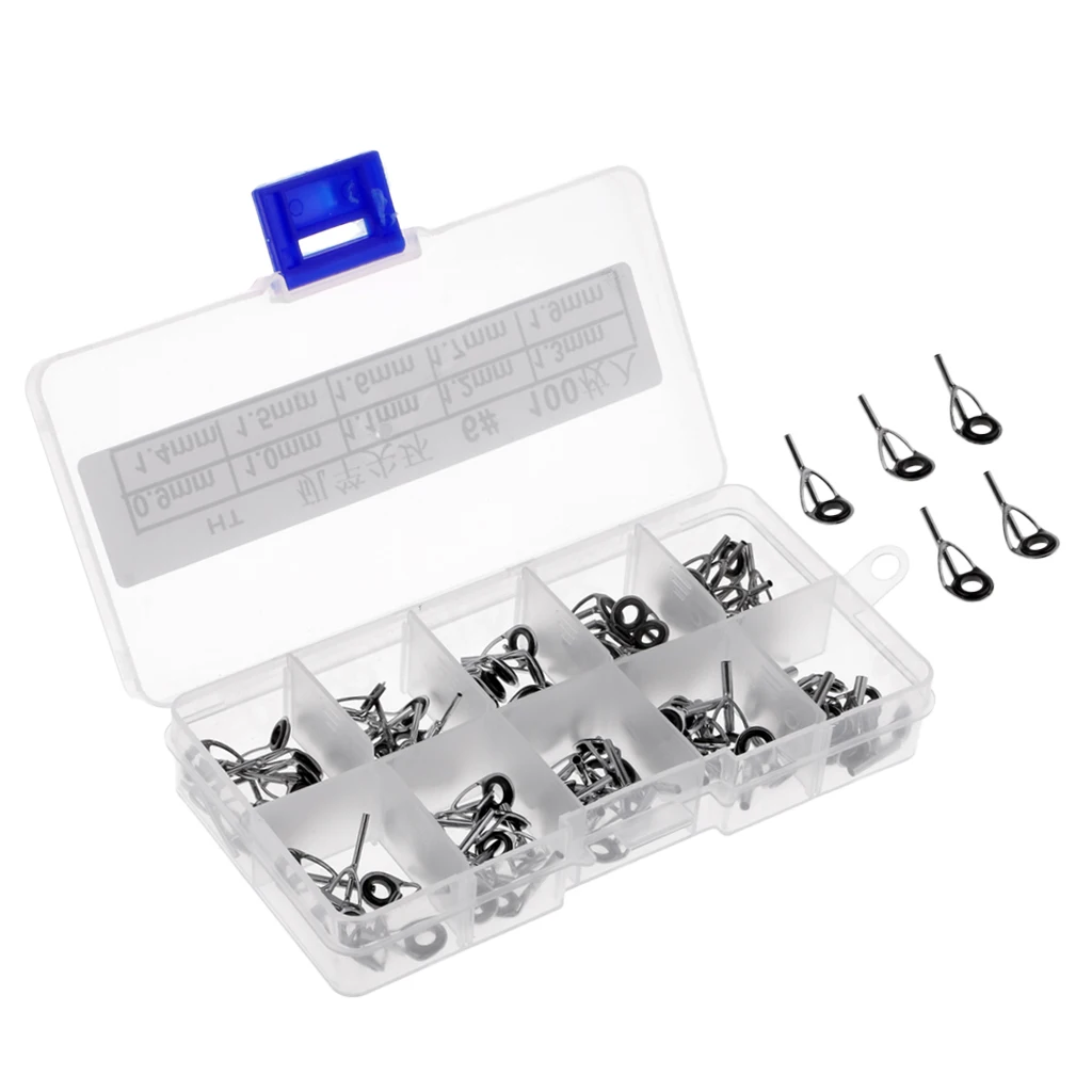 

100Pcs/box Stainless Steel Fishing Rod Guides with Box Eye Rings Pole Tip Repair Kit 10 Sizes Fishing Bait Casting Rod Guides