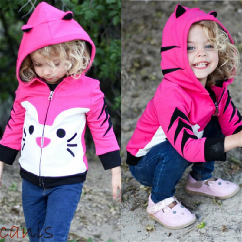 

New Toddlers Baby Kids Girl Sweatshirt Hoodies Jacket Zip Coat Outerwear Tops New Baby Girl Cute Cat Zipper Hooded Sweater Coat