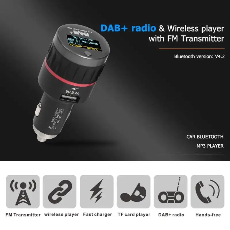 

DC 12 V-24V Bluetooth FM Transmitter Car Handsfree Kit DAB Digital Radio Adapter MP3 Player USB Charger 1.1 OLED display screen