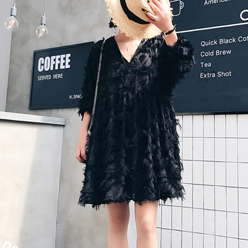 LANMREM, весеннее платье с высокой талией, Женская туника с перьями и кисточками, пуловер с v-образным вырезом, черное платье, женская одежда, модная Корейская одежда WC96