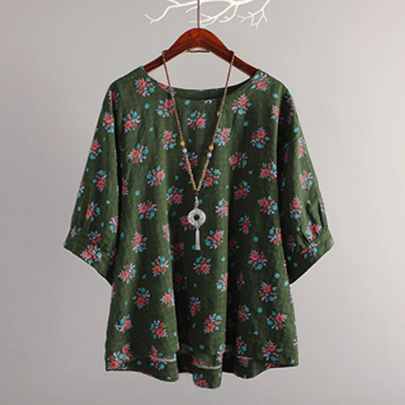 

Casual Spring Summer Blouse Women Chic Loose Flower Print Cotton Linen Shirts Harajuku Short Sleeve Plus Size Tops Green S-5XL