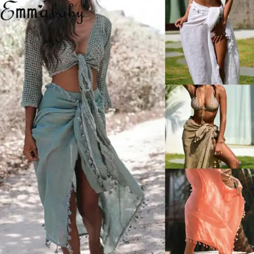 

Women Large Bikini Cover Up Swimwear Sheer Beach Maxi Wrap Skirt Sarong Tassels