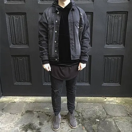 Hi-Street Men Ripped Ribbon jeans Jackets coats washed black good quality Denim Man Slim Fit Streetwear HipHop Vintage Jacket