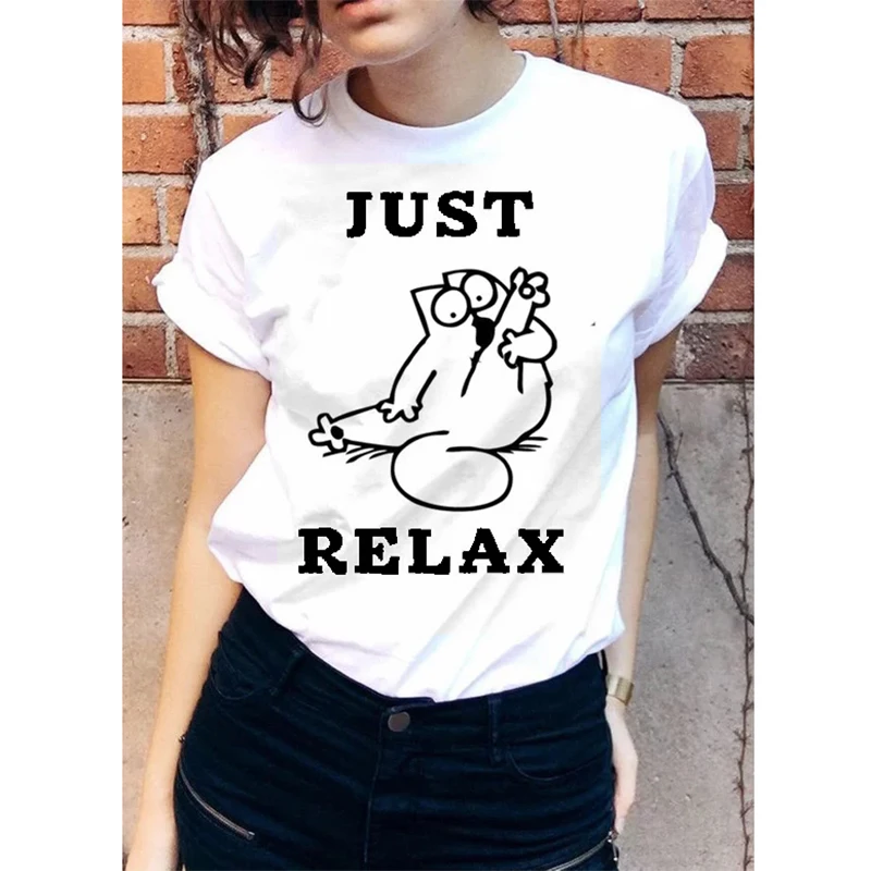 T Shirt Plus Size Tops Tumblr Tshirt Just Relax Crazy Cat T-shirt Funny Cartoon Cool Tumbrl Tee Chick Outfit Top XS-3XL | Женская одежда