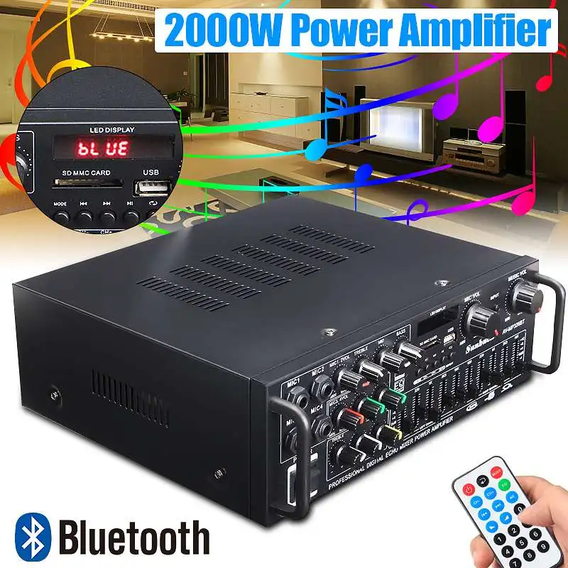 

220V-240V 1200W 2.0 Channel Audio Power Amplifier bluetooth Support 4 Way Microphone Input