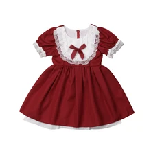 Малыша Одежда для детей; малышей; девочек короткий рукав с красным бантом праздничное платье подружки невесты кружевное торжественное платье принцессы бальное платье