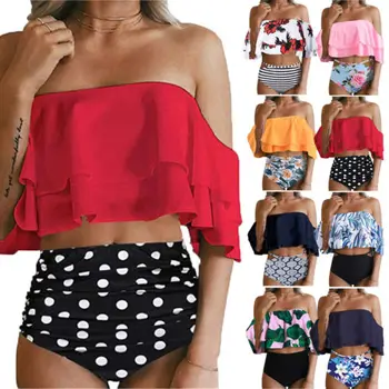 

Sexy Women Summer Swimwear Off Shoulder Ruffle Bikini Set Push-up Padded Bra High Waist Bathing Suit Swimsuit Lot