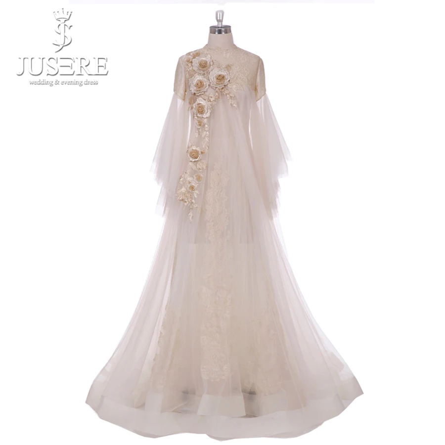 

Jusere 2018 Unique Dubai Saudi Arabia Style Tulle A-Line 3D Flowers Long Sleeve Lace Prom Dresses Floor-Length Evening PartyGown
