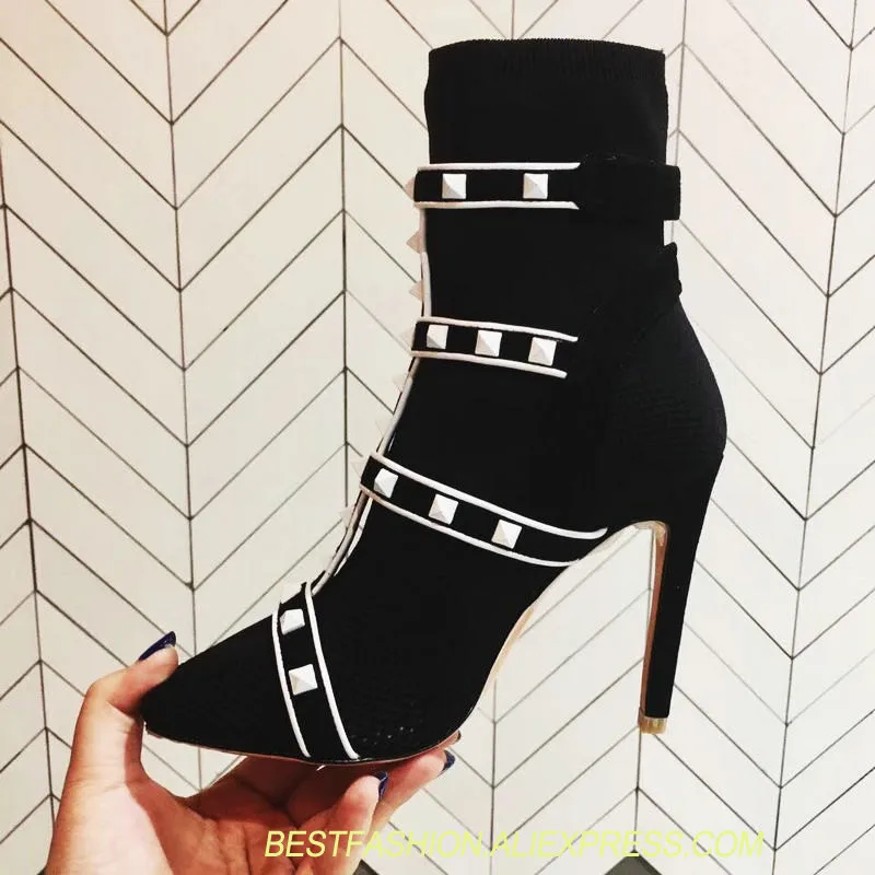 

fashion spring stretch knit socks ladies round head rivet high-heeled patchwork bare belt shoes ladies sexy ankle bootswomen