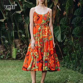 

VGH Summer Print Casual Dress For Women Strapless Off Shoulder Backless Bandage Slim Midi A Line Dresses Female Fashion New 2020
