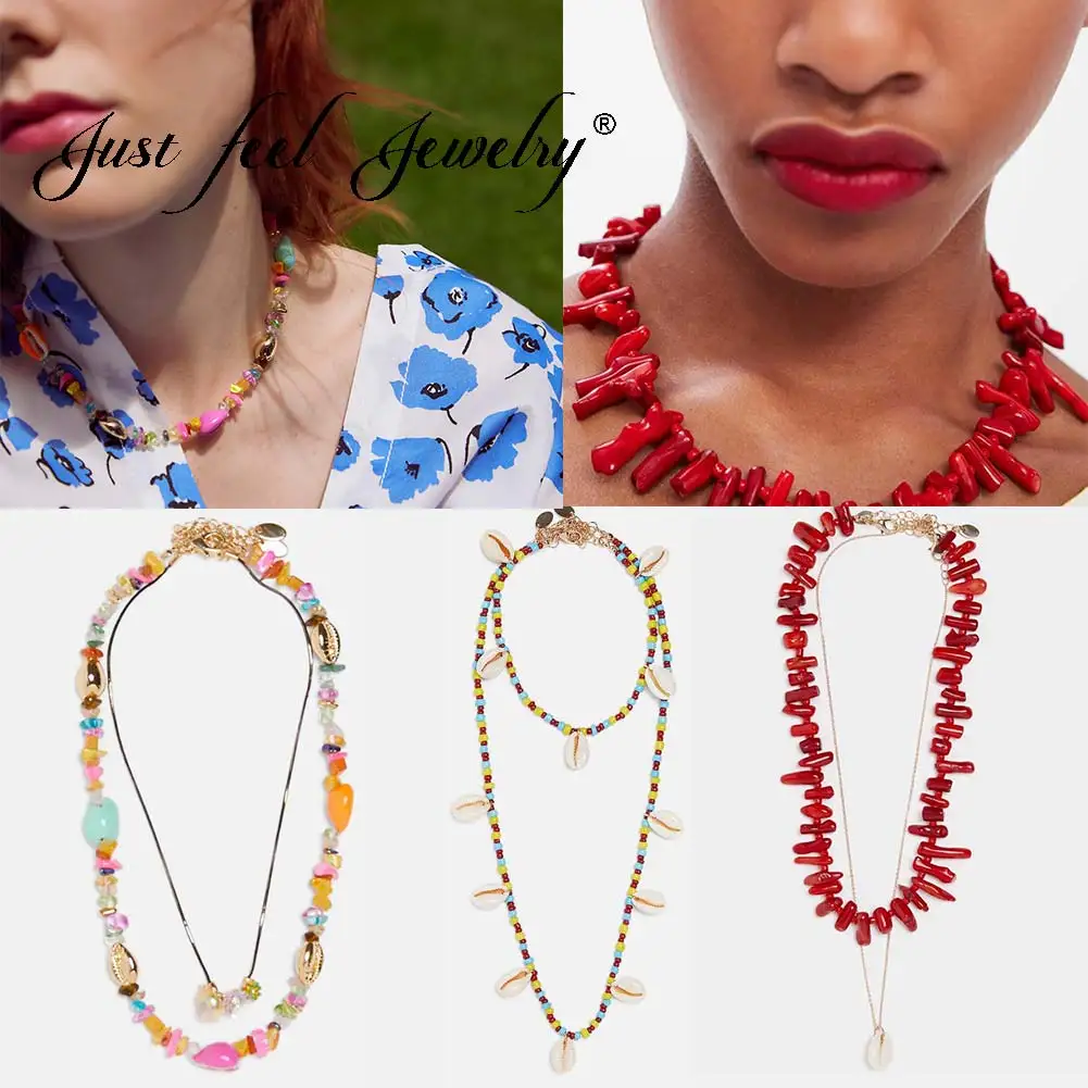 

JUST FEEL ZA 2019 Shell Choker Necklaces For Women Beaded Stone Long Chain Collar Pendant Statement Necklace Beach Boho Jewelry