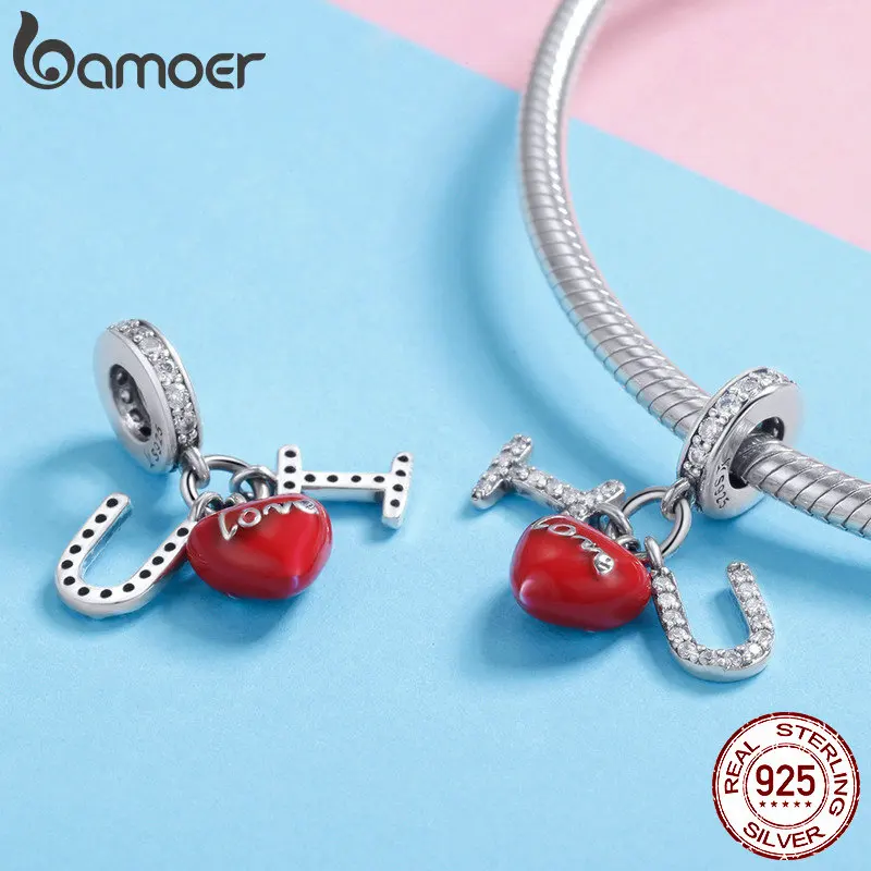 BAMOER 925 Sterling Silver I Love You Pendant Red Heart Clear CZ Charms Fit Charm Bracelets Necklace Valentines Jewelry SCC1055