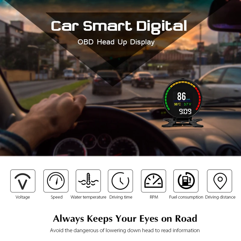 

P15 Car 2.84 inch HUD Smart Digital OBD2 OBD II Head Up Display Over Speed Alarm Shift Reminder Auto Electronic Voltage Alarm